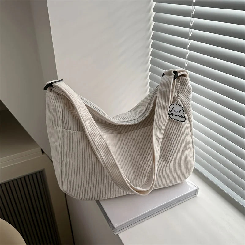 Women's Corduroy Shoulder Bag | Casual Striped Large Capacity Tote with Zipper (Cute Hat Patch, Everyday Use) Luxegan