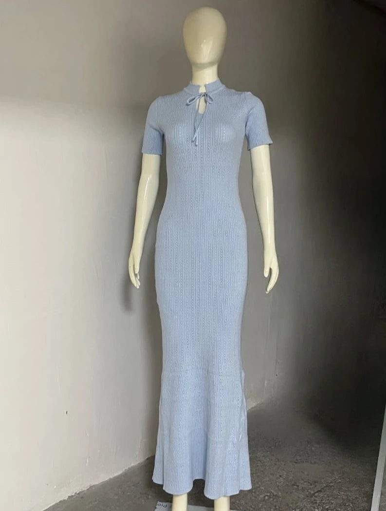 Knit Lace-Up V-Neck Short Sleeve Straight Ankle-Length Dress – Hollow-Out, High Stretch, Summer Luxegan