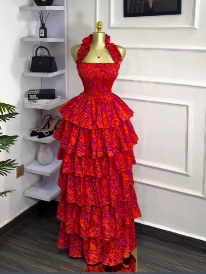 Print Beach Style Halter Neck Sleeveless Regular Fit Ball Gown Floor-Length Dress with Tiered Detailing – Polyester, Natural Waist, Summer Luxegan