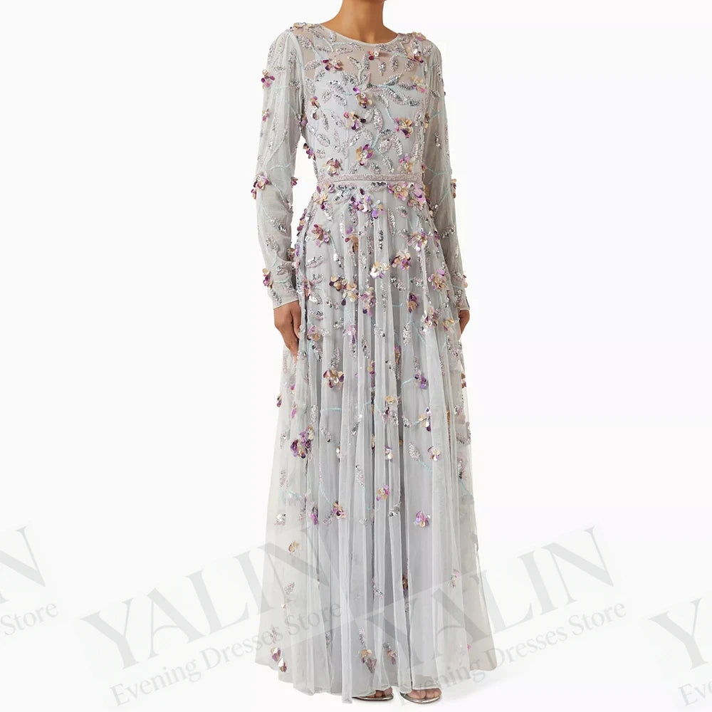 Sequined Floral A-Line Prom Dress | O-Neck Full Sleeve Ankle-Length Evening Gown Luxegan