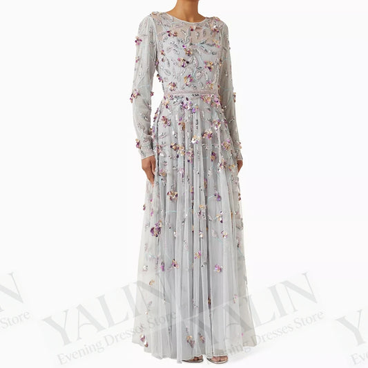 Sequined Floral A-Line Prom Dress | O-Neck Full Sleeve Ankle-Length Evening Gown Luxegan