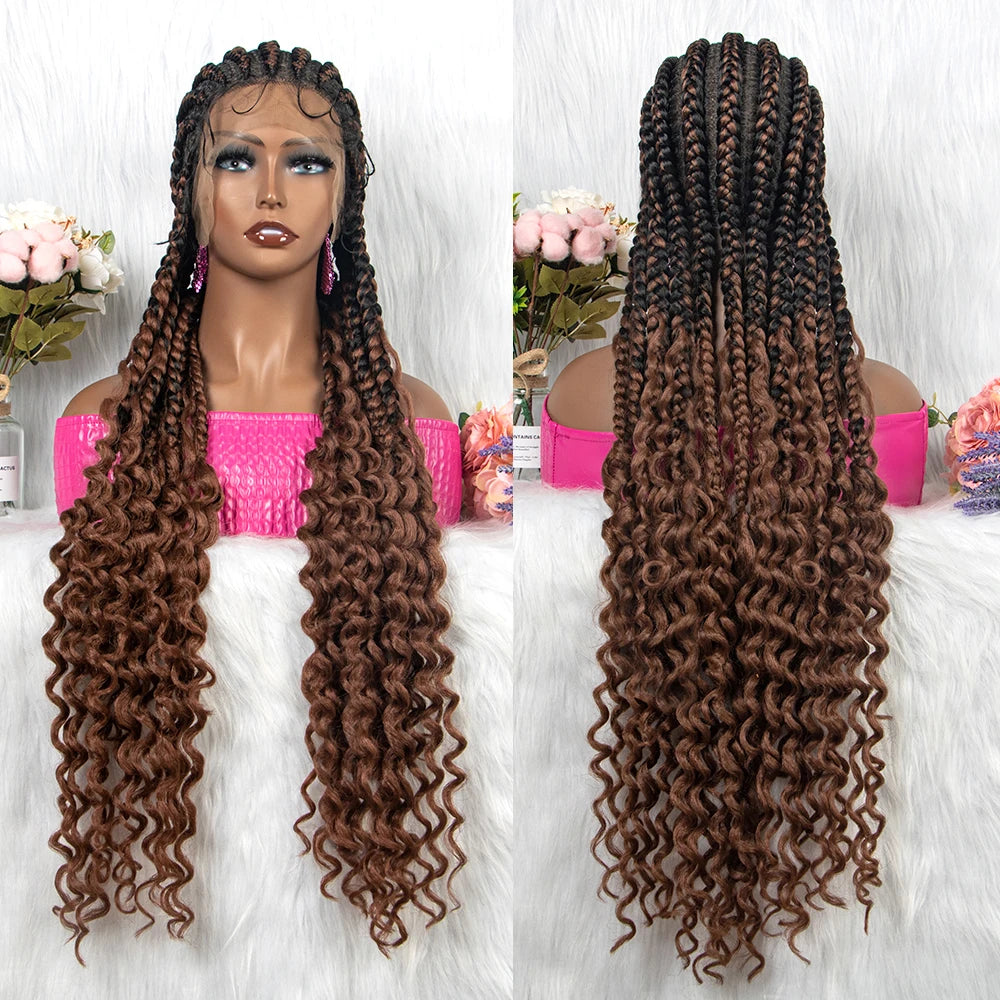 36" Cornrow Braids Wig with Curly Ends | Transparent Full Lace | Baby Hair Luxegan