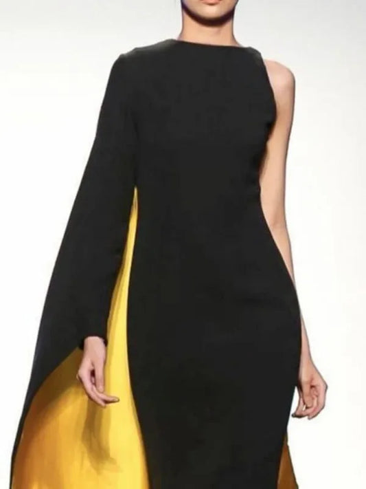 Black & Gold Contrast Color One-Shoulder Dress | Sophisticated Round Neck Slim Fit Silhouette | Elegant "Ankle-Length" High Waist Gown | "Dignified" Asymmetrical X-Shape Evening Party Dress for Radiant Versatile Styling