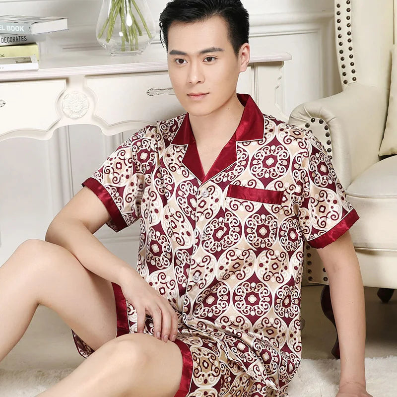 Men's Premium Ice Silk Pajama Set | Luxury Paisley Long-Sleeved Sleepwear Suit | Thin Turn-Down Collar Nightwear | Plus Size High-Quality Home Clothes Male Suit Model SY5004 Luxegan
