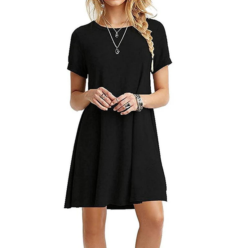 Casual Short Sleeve T-Shirt Dress | Vintage O-Neck Graphic Print Sundress | Elegant Simple Loose Fit A-Line Mini Dress | Premium Cotton Blend Summer Streetwear Model DR077 Luxegan