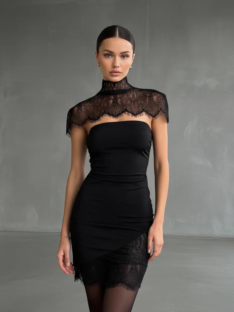 Solid Strapless Patchwork Lace Detail Slim Fit A-Line Mini Dress – with Cape/Shawl Overlay, Spring/Summer Luxegan