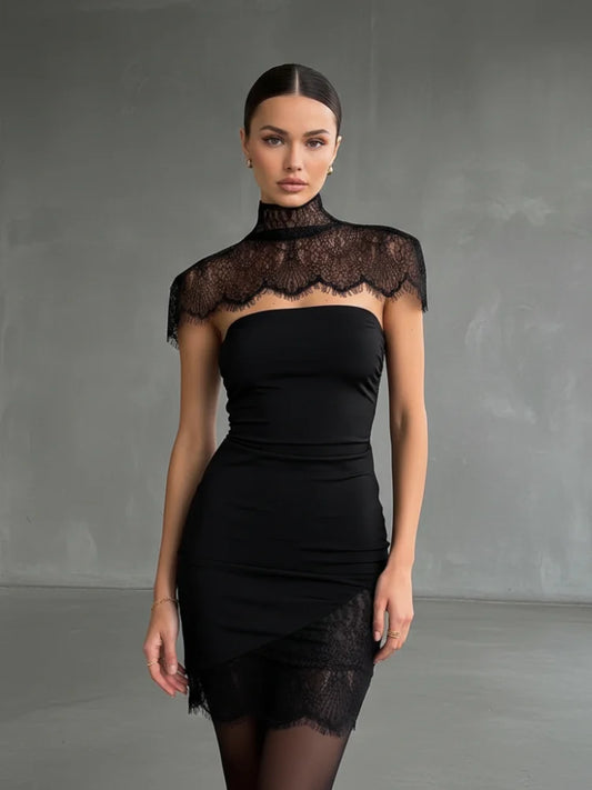 Solid Strapless Patchwork Lace Detail Slim Fit A-Line Mini Dress – with Cape/Shawl Overlay, Spring/Summer Luxegan