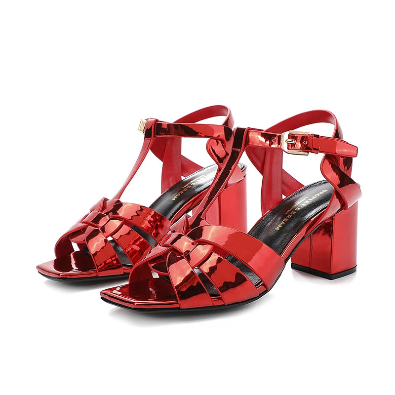 Summer Lacquer Patent Leather Sandals | Sophisticated 5cm–8cm Square High Heels | Elegant "Open Toe Fish Mouth" Silhouette | "Dignified" Sheepskin Insole Gladiator Sandals for Radiant Versatile Styling Luxegan