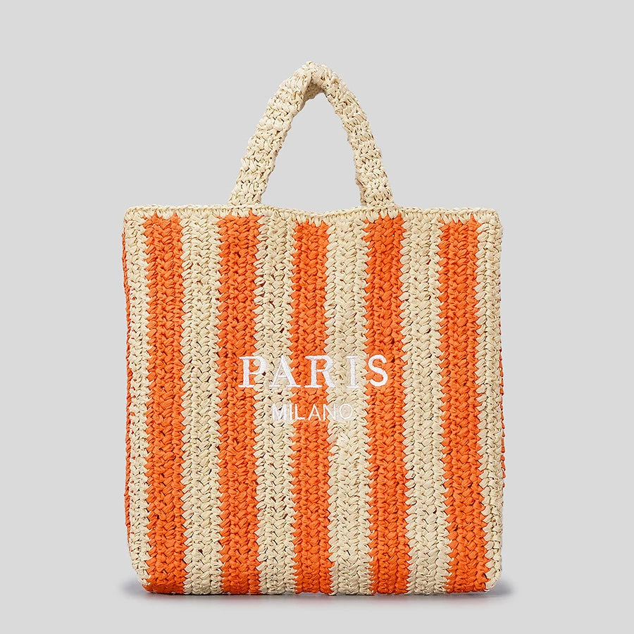 Striped Straw Tote Bag | Casual Woven Beach & Travel Purse Luxegan