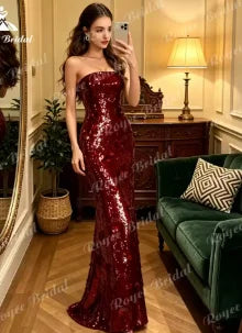 Luxury Strapless Sequin Mermaid Prom Dress | Shimmering Ruffle Evening Gown | Floor-Length Sleeveless Birthday Party Dress Luxegan