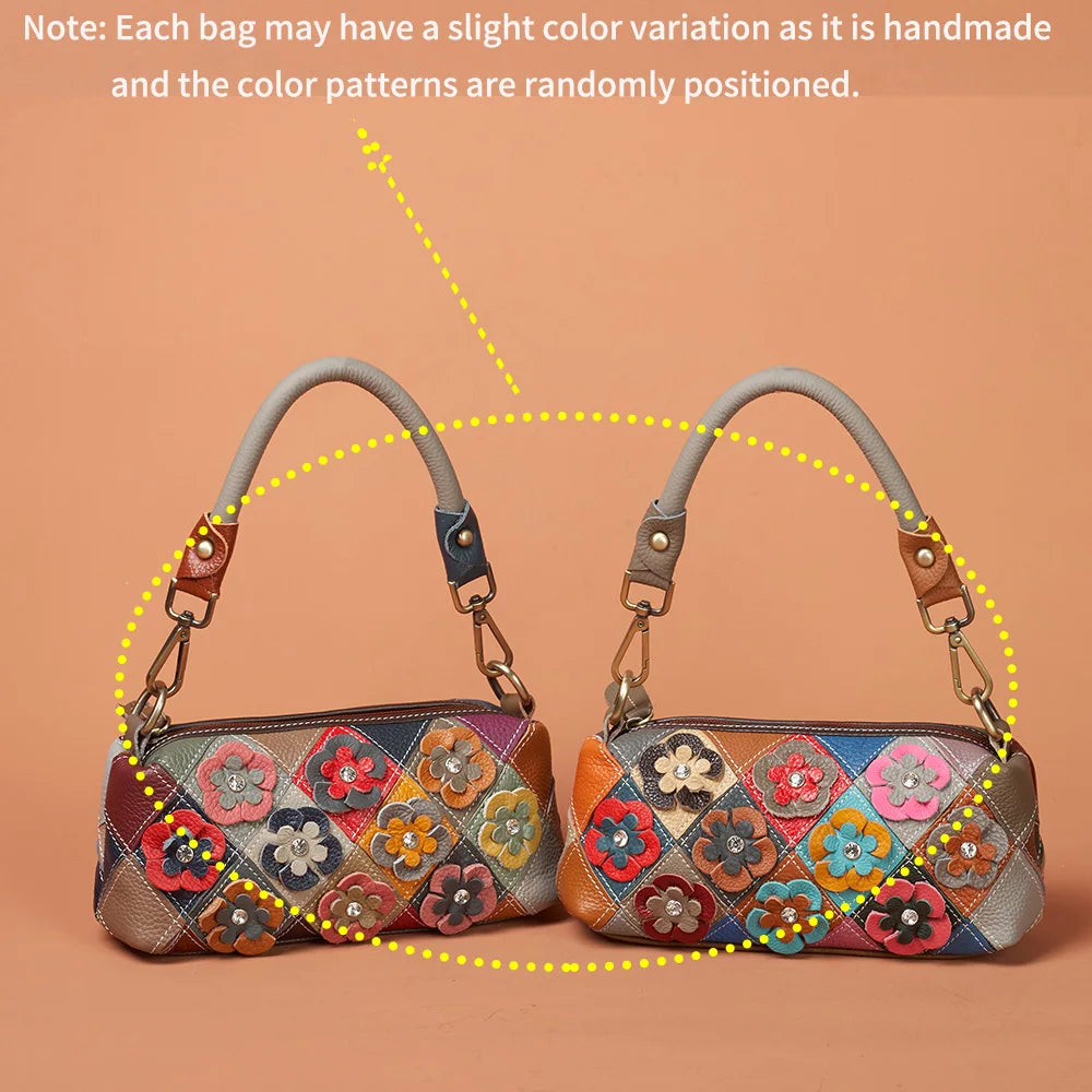 Handmade Genuine Leather Women’s Small Shoulder Bag | Ethnic Floral Patchwork Shell Bag | National Style Genuine Leather Crossbody with 2 Interchangeable Straps Luxegan