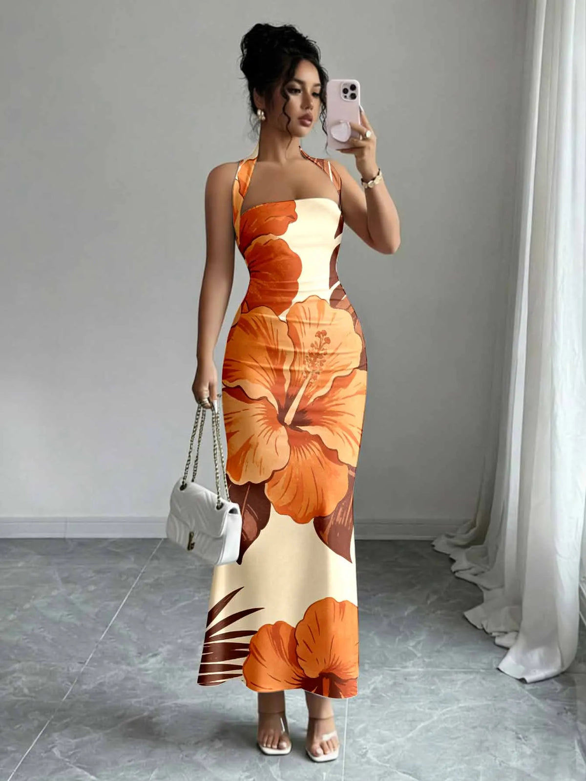 Print Slash Neck Spaghetti Strap Sleeveless Zip Detail Regular Fit Sheath Ankle-Length Dress – Slight Stretch Polyester-Elastane, Summer Luxegan