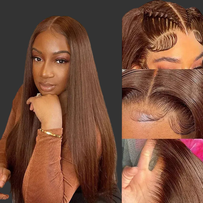 #4 Chestnut Brown Straight Lace Front Wig | 13x4 & 13x6 Transparent Swiss Lace Frontal Wig | 150% & 180% Density 100% Brazilian Remy Human Hair Long Closure Wig for Women (26+ Inch) Luxegan