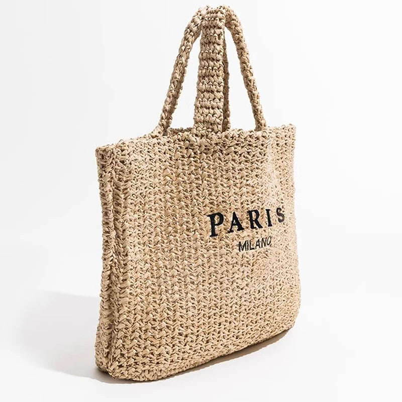 Paper Straw Solid Casual Tote | Soft Large Capacity Handmade Woven Beach Bag Luxegan