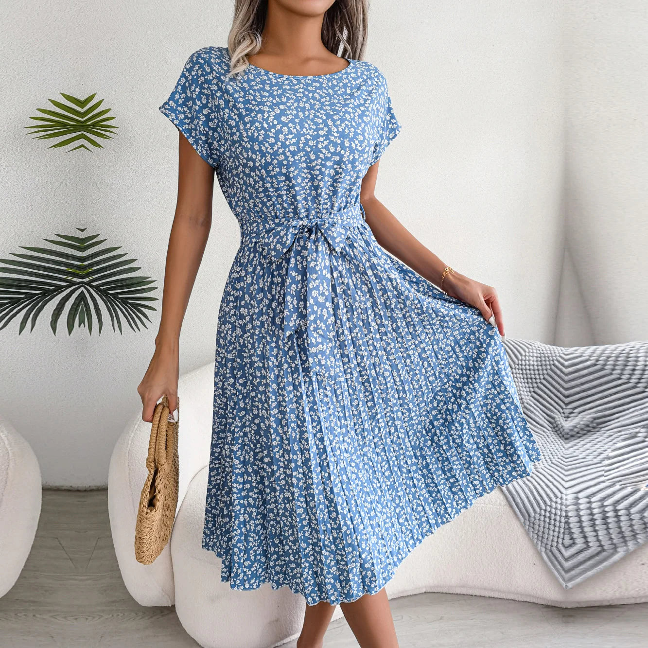 Floral Chiffon High-Waist A-Line Dress | Pleated O-Neck Short Sleeve Casual Dress | Elegant Empire Waist Summer Midi Dress Luxegan