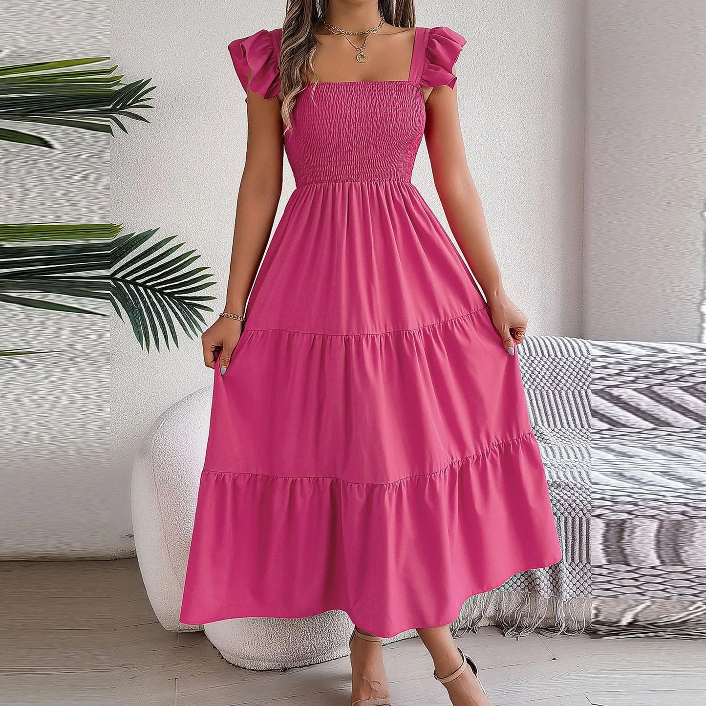 Solid Sleeveless Backless Pleated Maxi Dress | Square Neck A-Line Beach & Casual Dress Luxegan