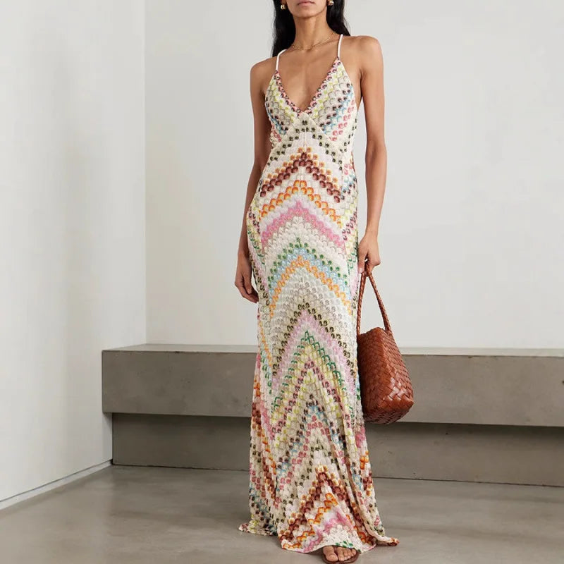 Geometric V-Neck Sleeveless Backless Regular Fit A-Line Floor-Length Dress – Natural Waist, Summer Luxegan