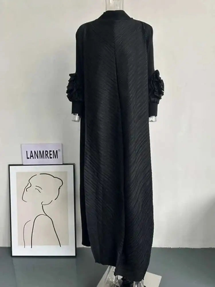 Pleated Lettuce Hem Maxi Dress | Turtleneck Full Sleeve Loose A-Line Casual Dress Luxegan