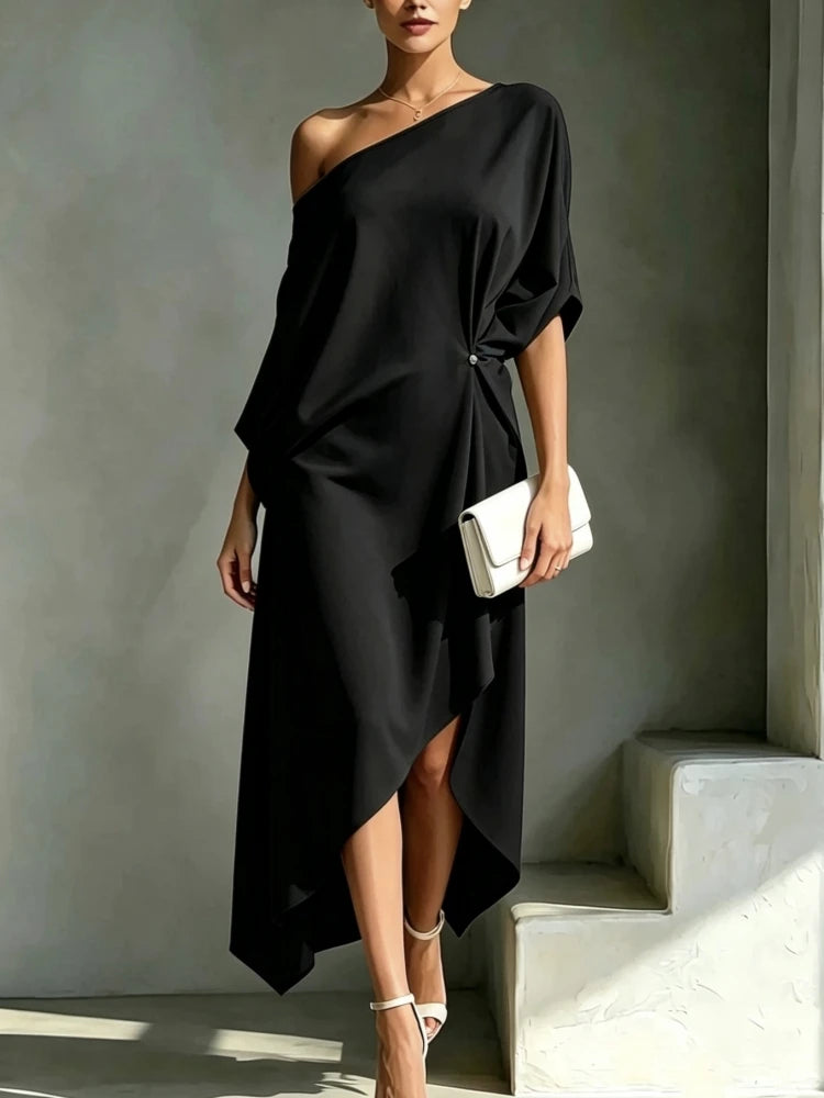 Asymmetric Collar Batwing Sleeve Maxi Dress Luxegan