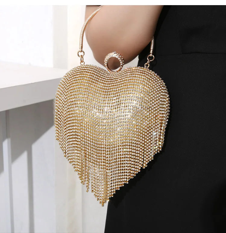 Rhinestone Evening Bag | Heart Pattern Silver Handbag & Diamond Tassel Clutch Luxegan