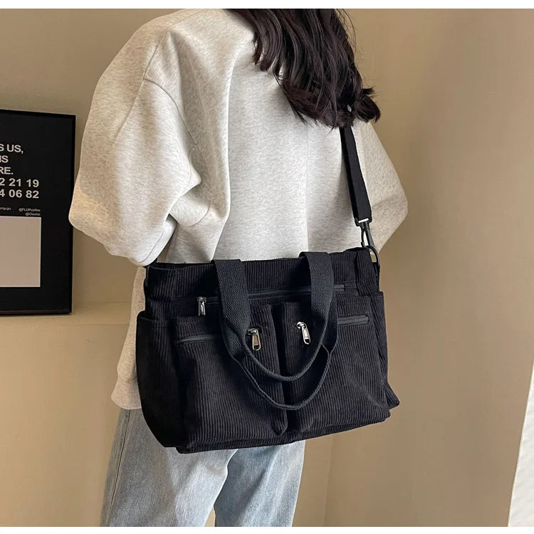 Female Large Capacity Corduroy Tote Bag | New Korean Style Fashion Women's Shoulder Crossbody Bag (Worker Commuter Handlebag)