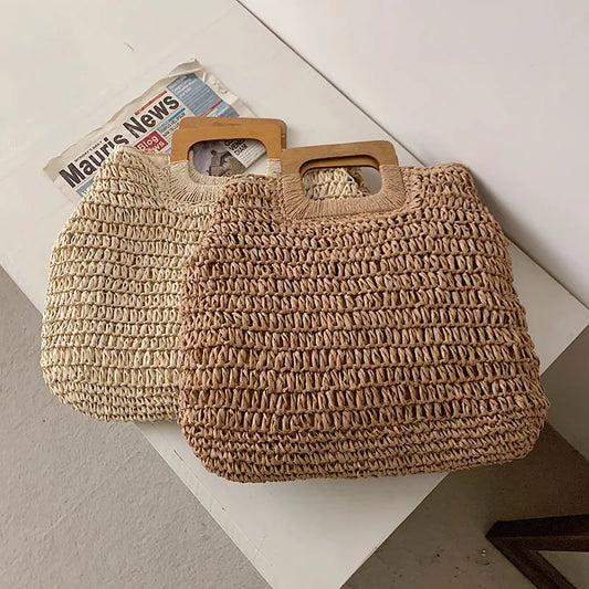 Summer Woven Straw Handbag | Wooden Handle Bag & Large Capacity Beach Tote Luxegan