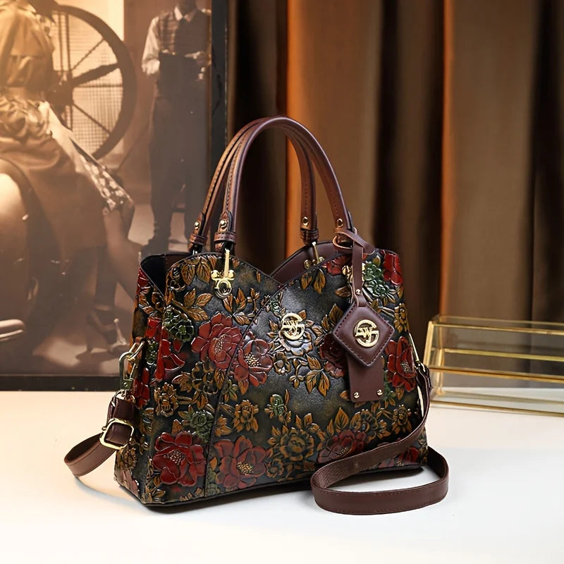 Vintage Flower Pattern Handbag | Luxury PU Leather Tote Bag & Fashion Crossbody Bag For Women Luxegan