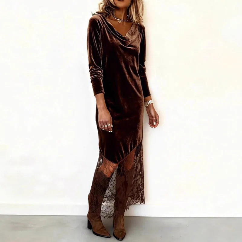Gauze-Detail V-Neck Full Sleeve Straight Ankle-Length Dress – Empire Waist, Solid Luxegan