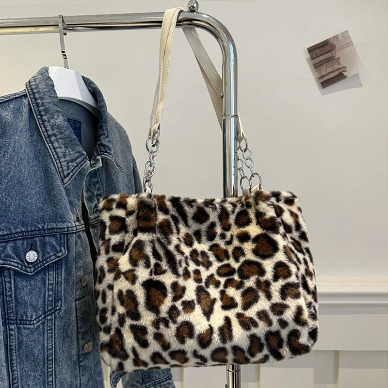 National Style Simple Women's Leopard Tote Bag | Lady Luxury Fluffy Shoulder Bag & Chain Large Capacity Commuter Handle Bag Luxegan