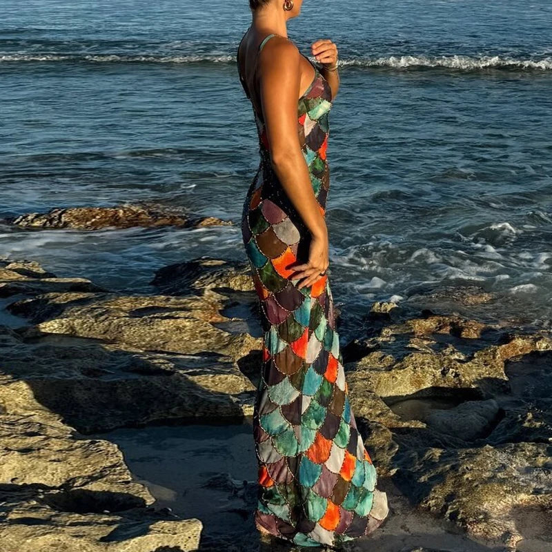 Women's Sexy Color Block Halter Evening Dress | Elegant Backless Full-Length Party Gown | Fashionable Slim Geometric Pattern Dress | Premium Tatting Slight Stretch A-Line Luxegan