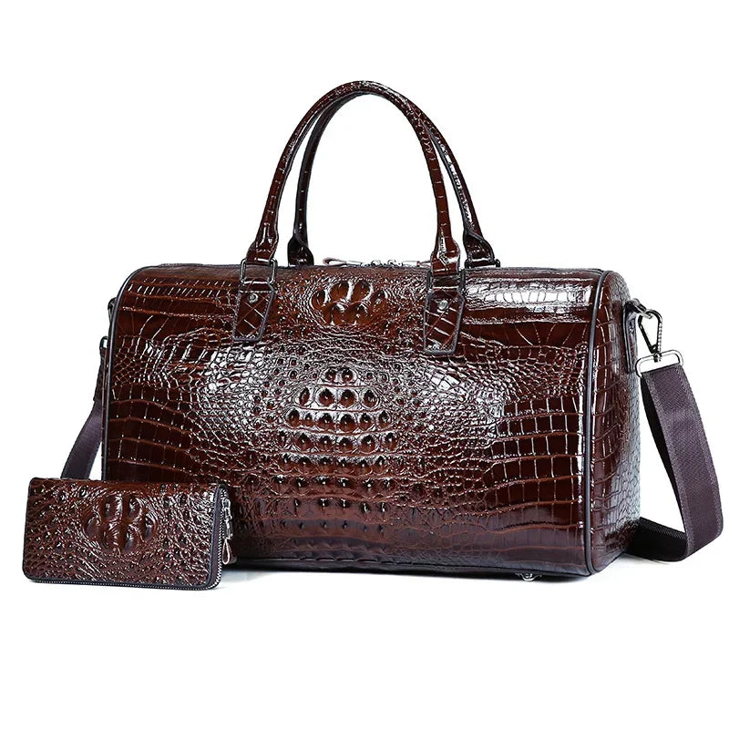 Men's Luxury Genuine Cow Leather Travel Duffle Bag | Large Capacity Portable Alligator Texture Weekender | Premium Male Shoulder Crossbody Overnight Bag | Versatile Soft Shell Luggage Master Model 20220802e Luxegan