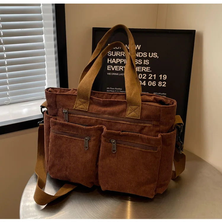 Female Large Capacity Corduroy Tote Bag | New Korean Style Fashion Women's Shoulder Crossbody Bag (Worker Commuter Handlebag)