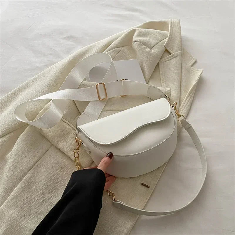 Retro Chain-Strap Saddle Bag | Solid Color Shoulder & Crossbody Purse Luxegan