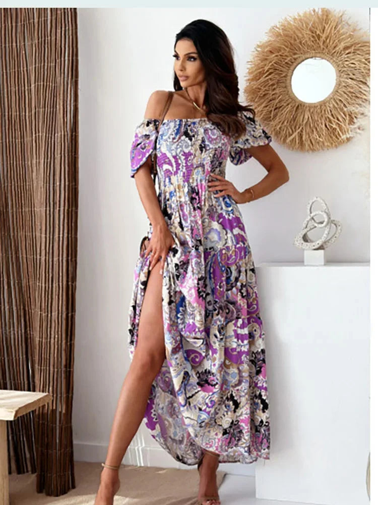 Solid Bohemian Slash Neck Short Sleeve Loose A-Line Ankle-Length Dress – Slight-Stretch Polyester-Elastane Blend, Natural Waist, Summer Luxegan