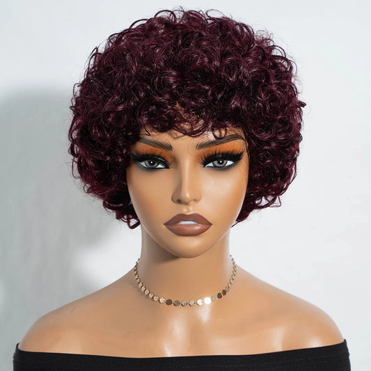 Sleek Short Pixie Afro Kinky Curly Wig with Bangs | Glueless Peruvian Remy Hair Bob Luxegan