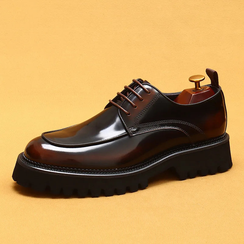 Designer Glossy Leather Derby Shoes | Sophisticated Thick-Sole Round-Toe Footwear | Elegant "Waxed Cowhide" Silhouette | "Dignified" British Style Lace-Up Shoes for Radiant Versatile Office & Career Styling Luxegan