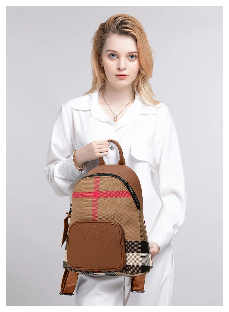 Canvas Preppy Style Backpack for Women | Trendy Plaid Designer Bag | High-End Cowhide & Canvas Fashionable Rucksack (Model Q1511) Luxegan