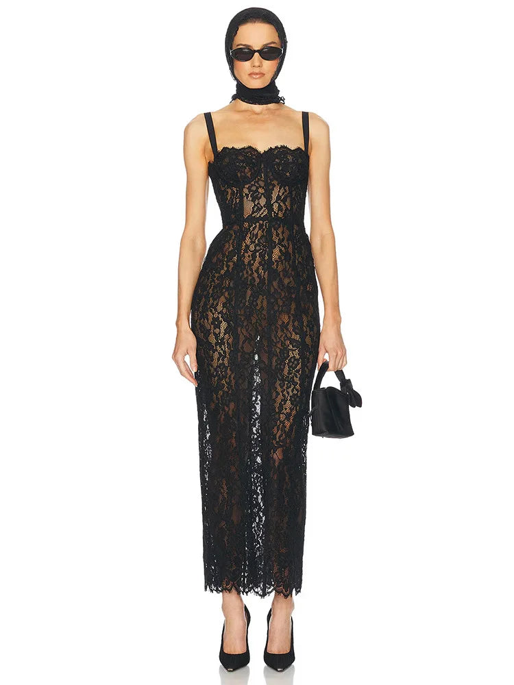 Elegant Black Floral Lace Evening Dress | Sexy V-Neck Spaghetti Strap Bodycon Dress | Slim Fit Ankle-Length Celebrity Party Gown | Premium Tatting Slight Stretch Sheath Dress Model F1459 Luxegan