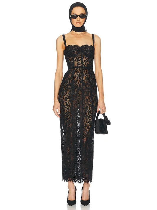 Elegant Black Floral Lace Evening Dress | Sexy V-Neck Spaghetti Strap Bodycon Dress | Slim Fit Ankle-Length Celebrity Party Gown | Premium Tatting Slight Stretch Sheath Dress Model F1459 Luxegan