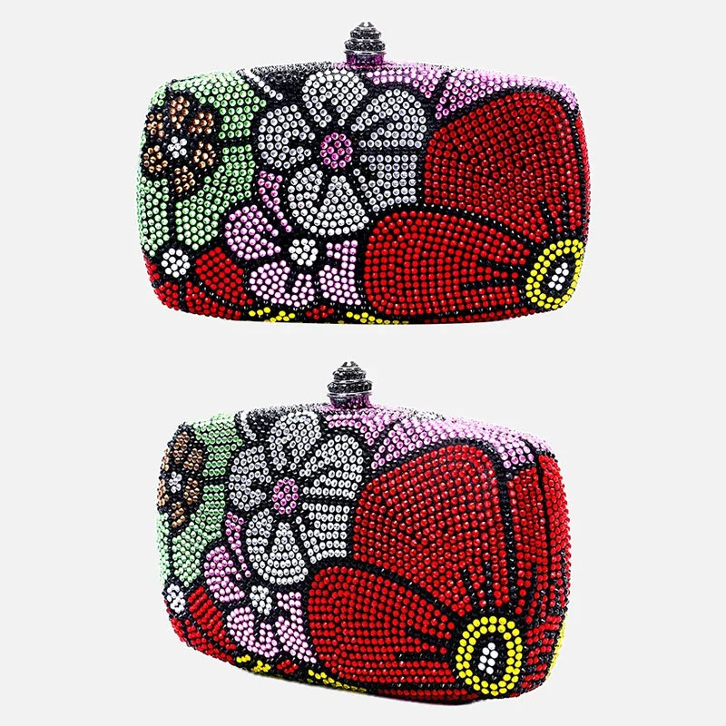 Multi-Flower Rhinestone Clutch | Sophisticated Luxury Diamond Wedding Purse | Elegant Crystal Dinner Handbag | "Dignified" Hard-Shell Designer Minaudière for Formal Party Styling Luxegan