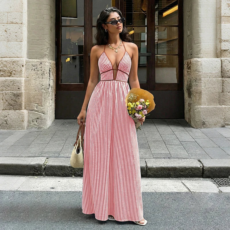 Deep V-Neck Halter Backless Striped Fit & Flare Maxi Dress | Sleeveless Sexy Beach Summer Dress Luxegan