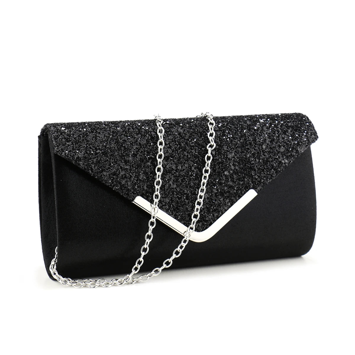 Sequined Envelope Clutch | Hard Silver V Design Metal Chain Evening Bag Luxegan