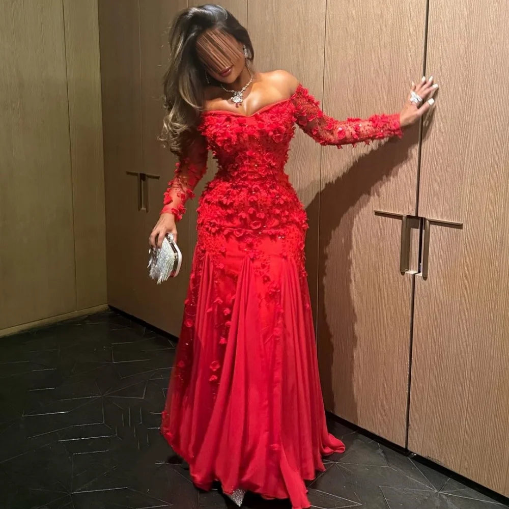 Off-the-Shoulder Chiffon Mermaid Gown | Handmade Flower Rhinestone Bespoke Evening Dress Luxegan