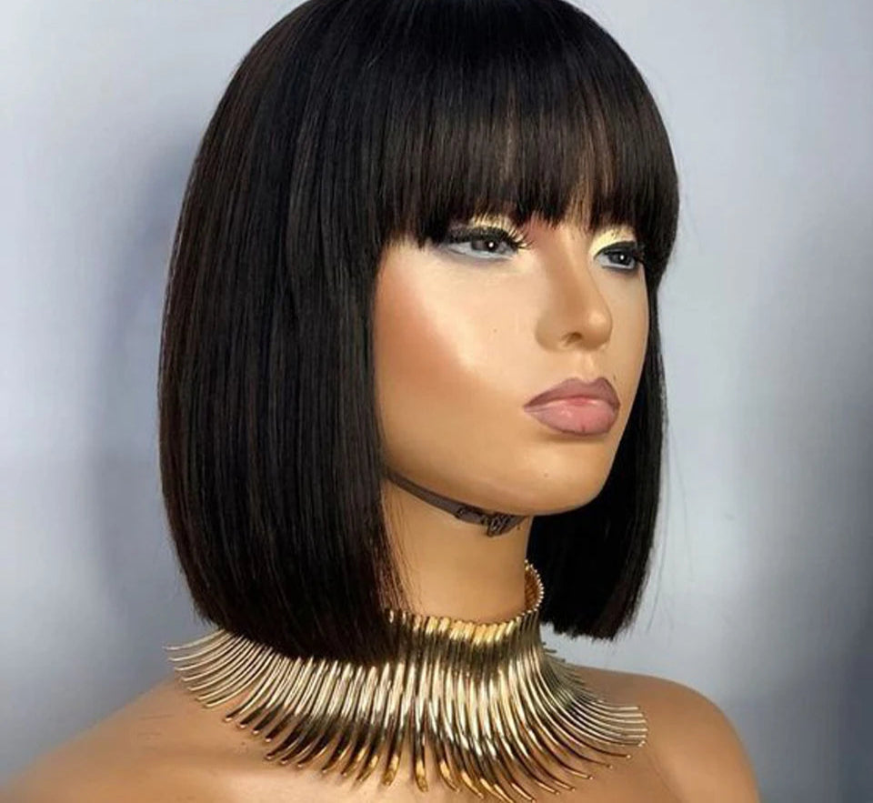 180D Orange/Ginger & Blonde Straight Human Hair Bob Wig with Bangs | Full Machine Made Remy for Women (P4/30, 613, 99J, T1B/27) Luxegan