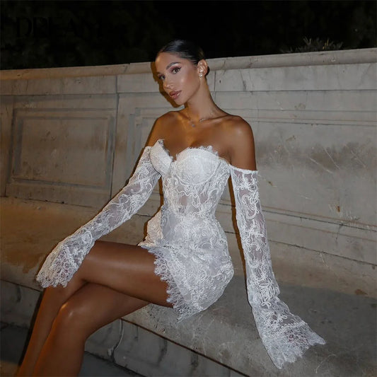 Classic Off-The-Shoulder Sweetheart Sheath Mini Wedding Dress | Alluring Long Sleeve "Lace Backless" Silhouette | Custom Made Above Knee Short Bridal Gown | Famous Brand Model DM178 Vestido De Novia Luxegan