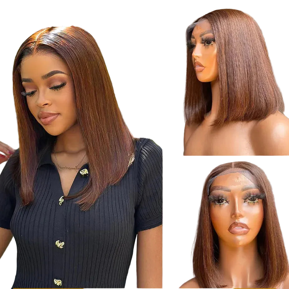 Chocolate Brown Lace Closure Bob Wig | Sophisticated Burgundy Straight Human Hair | Elegant "HD Transparent" Brazilian Remy 4–16 Inch Length | "Dignified" Short Straight Clearance Footwear for Radiant Versatile Styling Luxegan