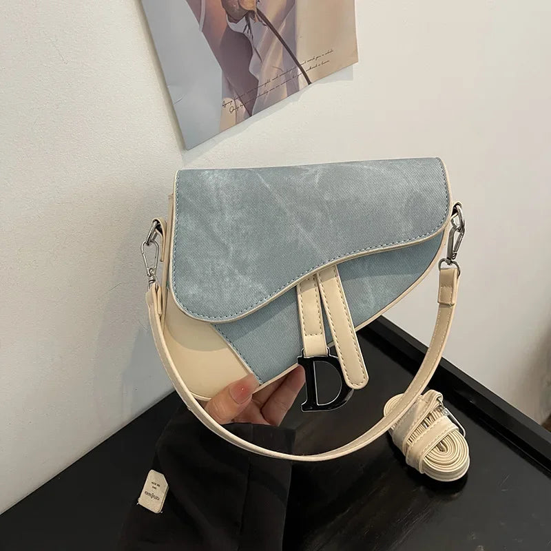 Denim-Look Contrast Saddle Bag | Fashionable Box Messenger Purse Luxegan