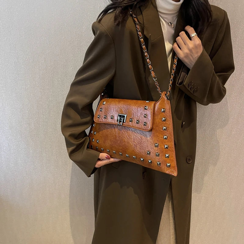Punk Rivet Envelope Bag | Moto Underarm Shoulder Bag Luxegan