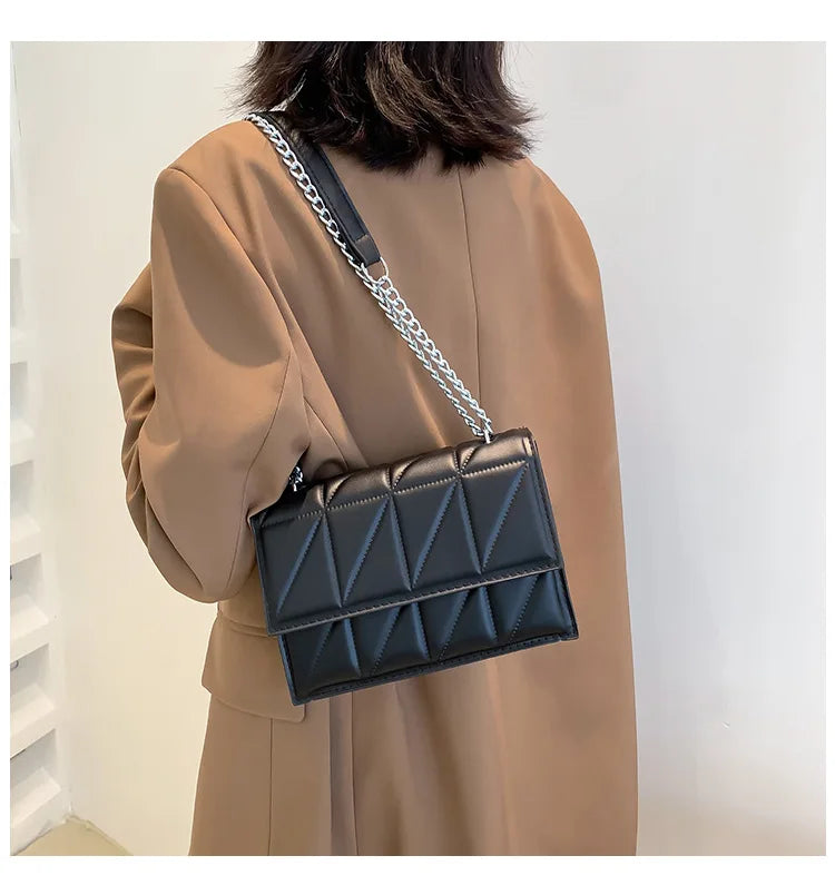 Embroidery Plaid Chain Flap Bag | Sophisticated Solid-Color Shoulder Handbag | Elegant Casual Crossbody Purse | "Dignified" Hard Square Bag for Versatile Daily Styling Luxegan