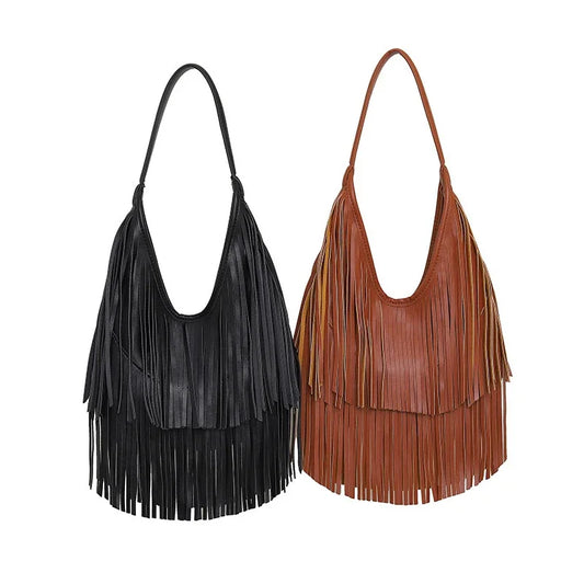 Trendy Long Tassel Hobo Underarm Shoulder Bag | Designer Large Capacity Women's Tote Bag | Soft Solid Color PU Handbag (Black, Brown) Luxegan